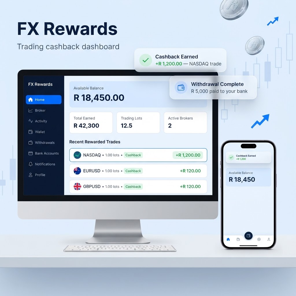 FX Rewards cashback dashboard shown on desktop and mobile